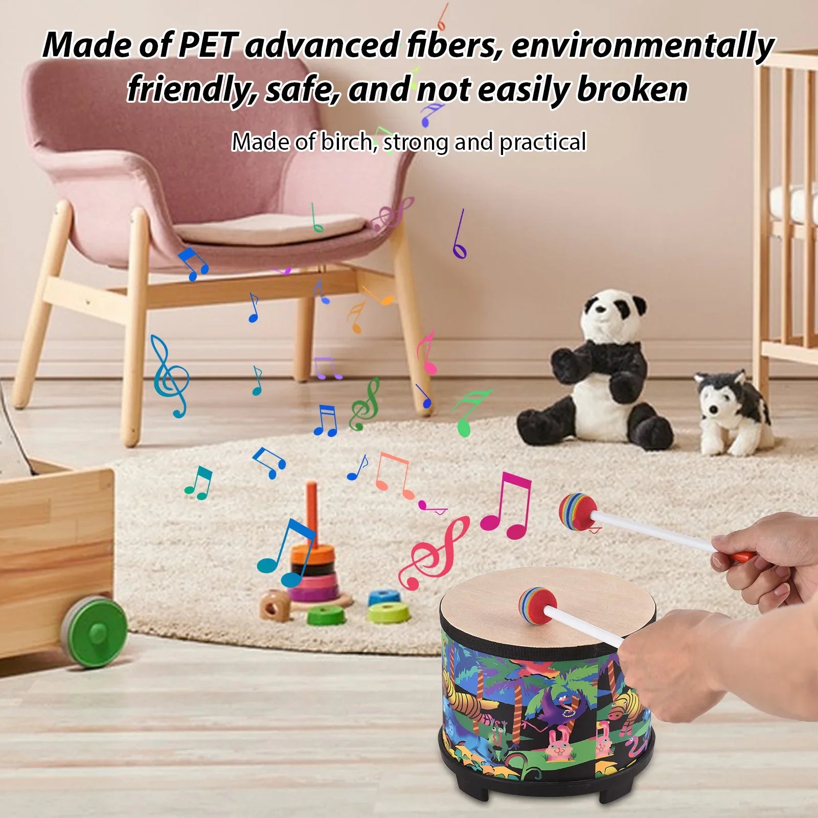 Colorful cartoon-themed birch wood drum with black base and red-tipped mallets ideal birthday gift instrument