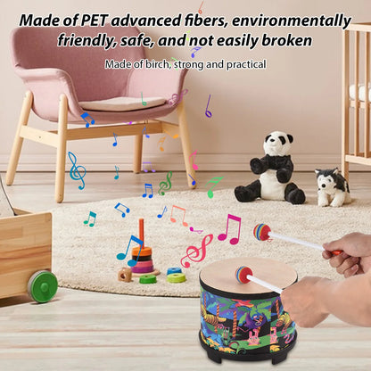 Colorful cartoon-themed birch wood drum with black base and red-tipped mallets ideal birthday gift instrument