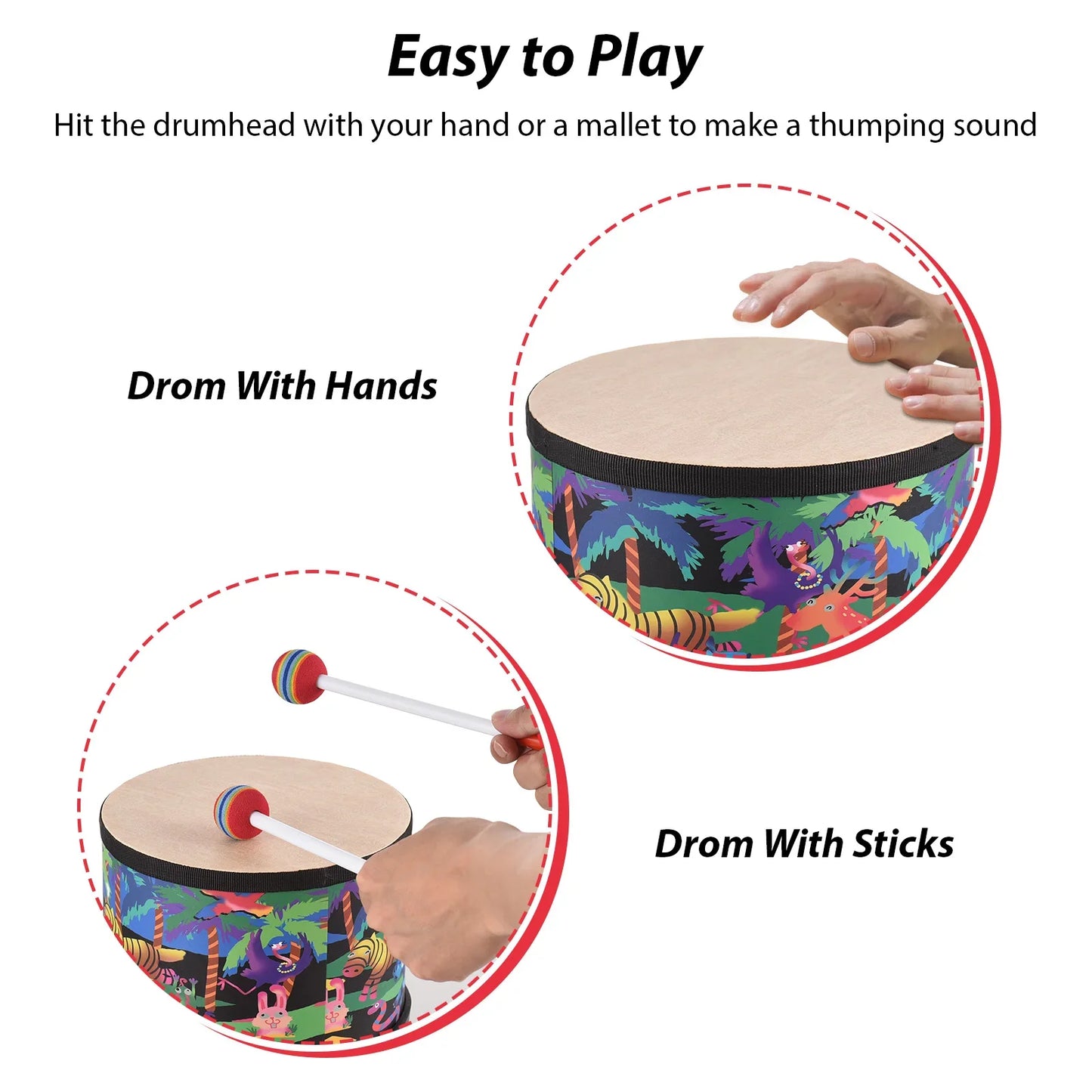 Colorful 8-inch drum percussion instrument with birch wood drum surface and jungle animal print for birthday gift