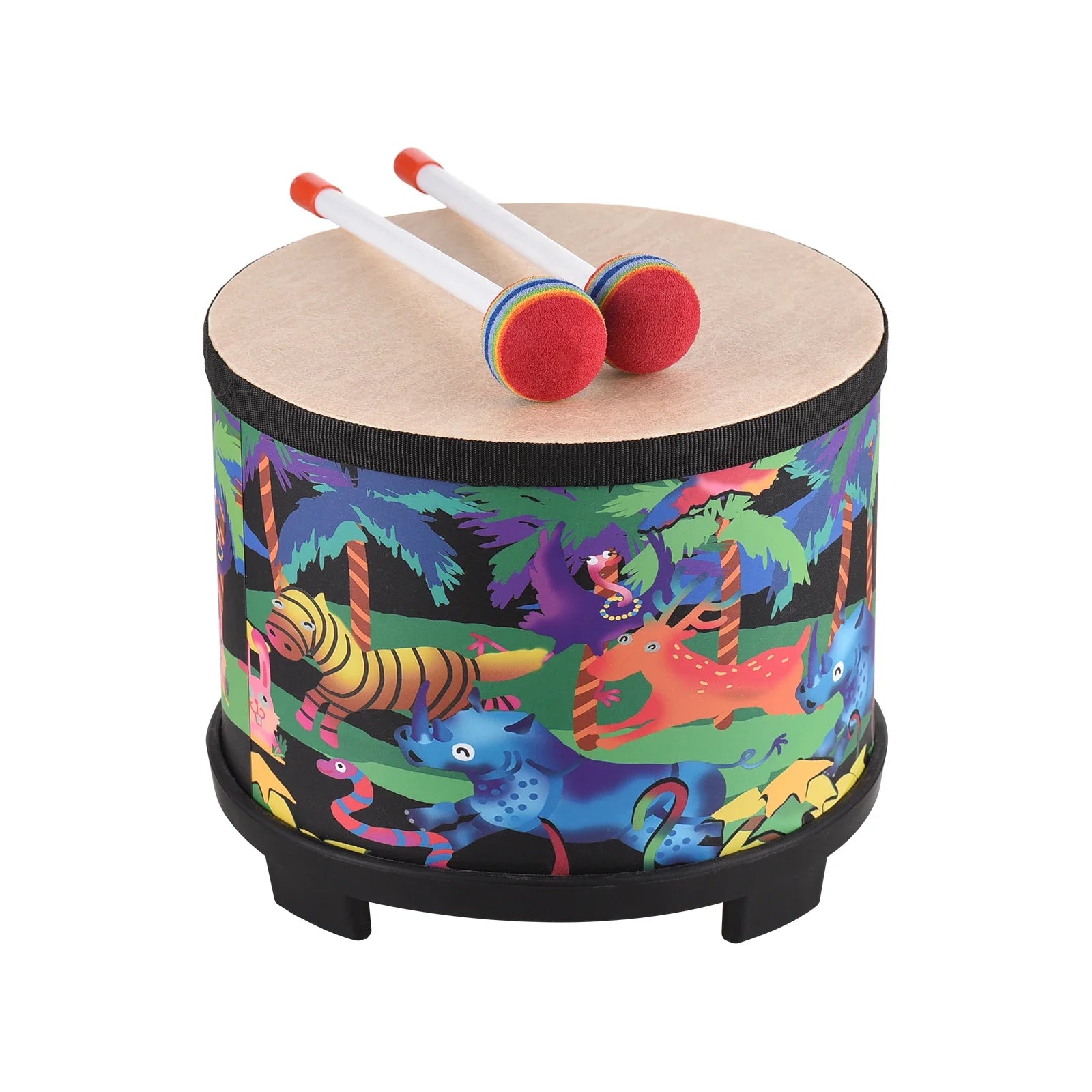 Colorful jungle-themed 8-inch floor drum with birch wood drum surface and vibrant animals ideal for birthday gift