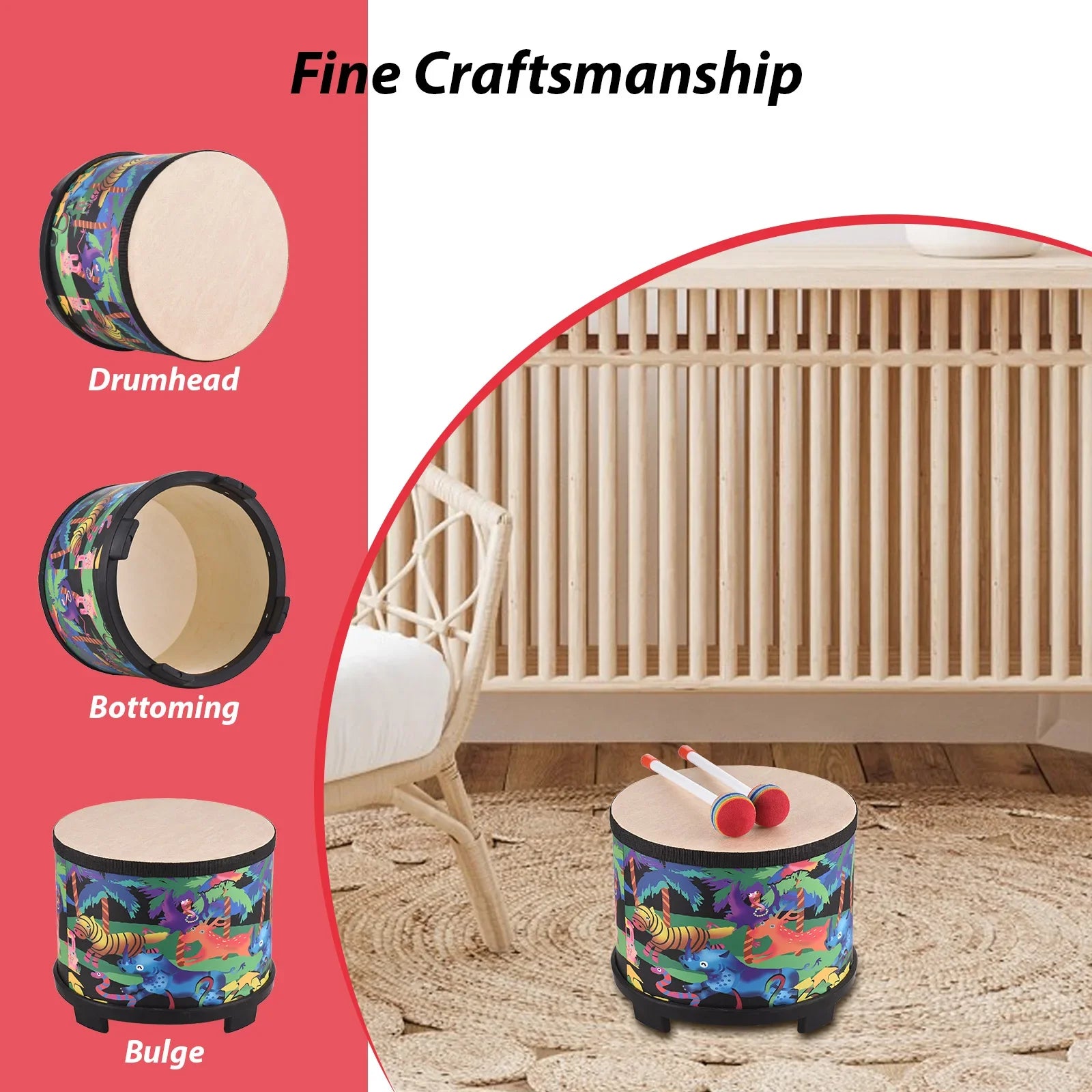 Colorful jungle-themed 8-inch birch wood floor drum with black trim and red mallets perfect birthday gift instrument