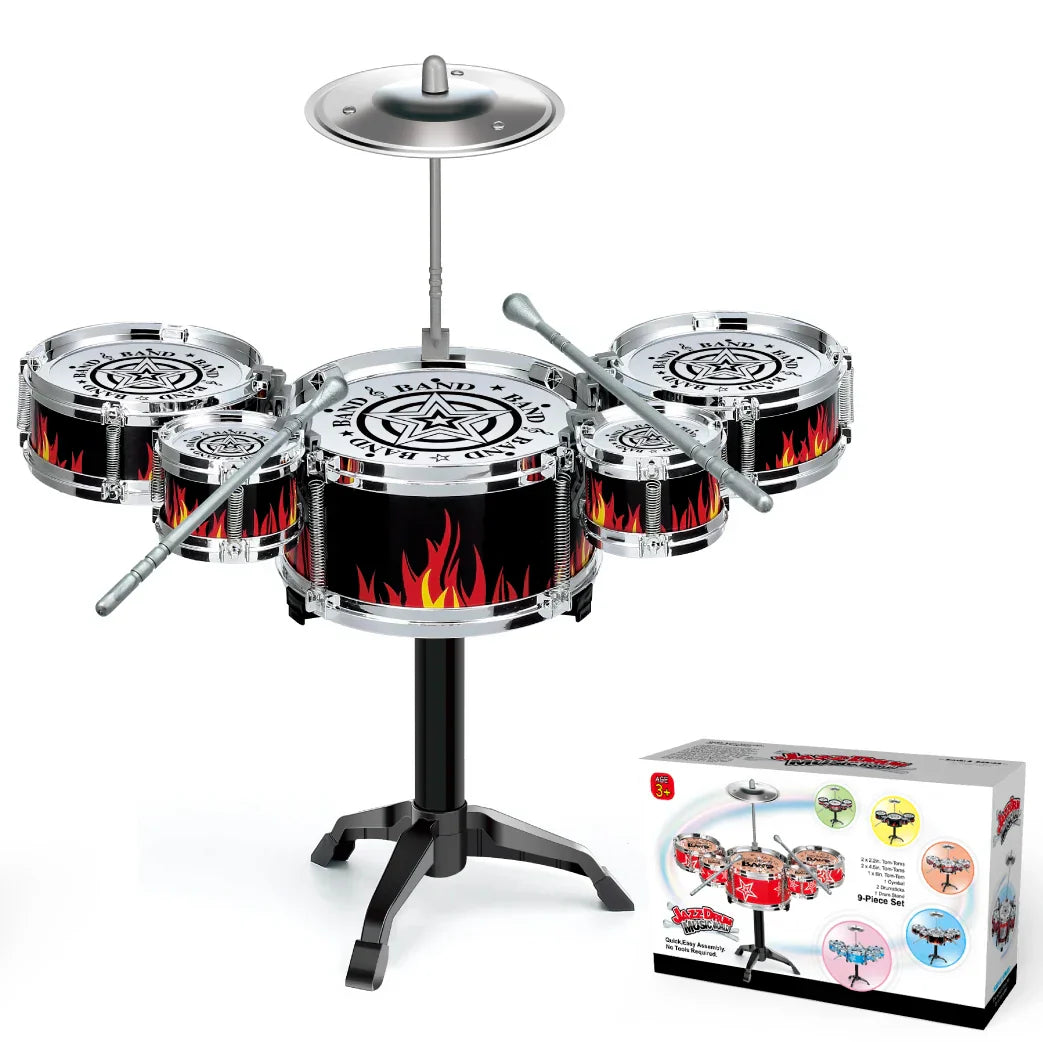 Silver and black toy drum set with flame decals for babies toys imitation musical instruments beginners practicing drums jazz music enlightenment