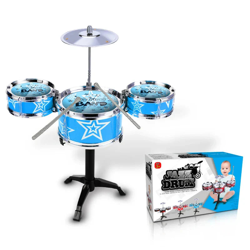 Blue star-patterned childrens jazz drum set with chrome hardware on black stand for musical instruments beginners and babies toys imitation