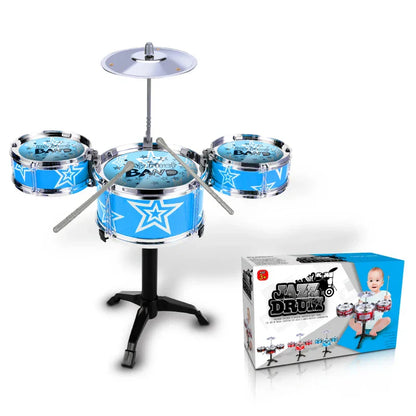 Blue star-patterned children’s jazz drum set with chrome hardware on black stand for instruments beginners practicing music enlightenment