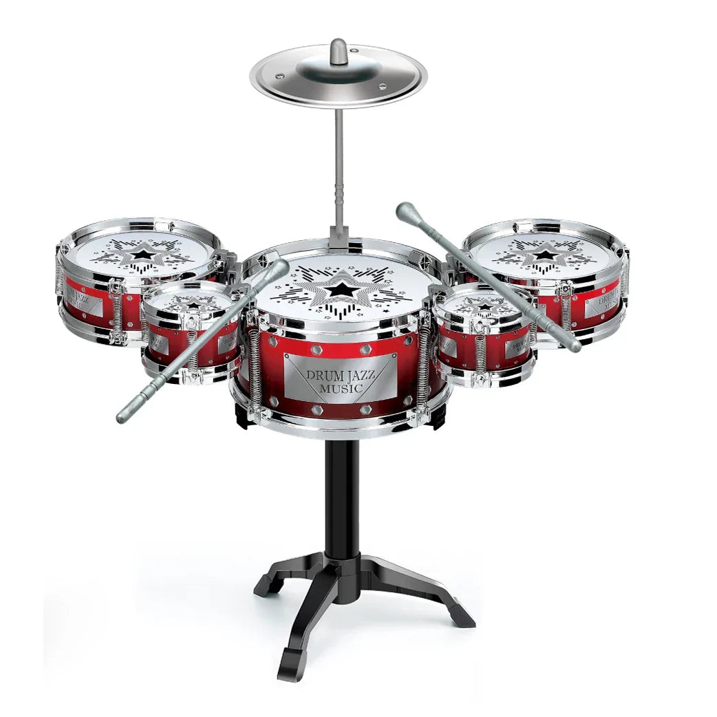 Red and silver jazz drums music enlightenment children’s drum set with chrome accents and babies toys imitation design