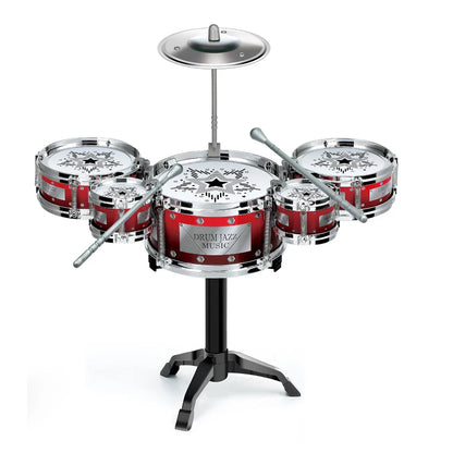 Red and silver children’s drum set with chrome accents and drum jazz music branding for instruments beginners practicing