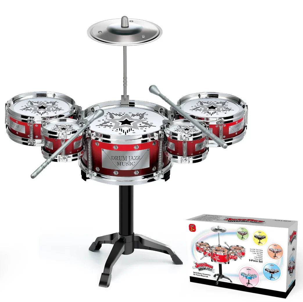 Red and silver toy drums jazz music enlightenment with chrome accents and star designs for babies toys imitation beginners