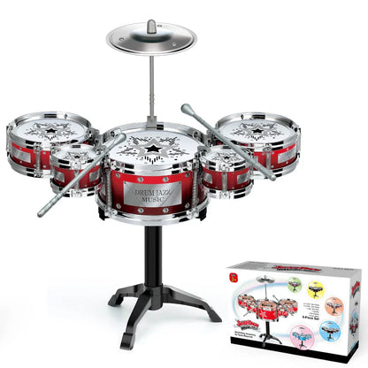 Red and silver toy drums jazz music enlightenment with chrome accents and star designs for babies toys imitation beginners