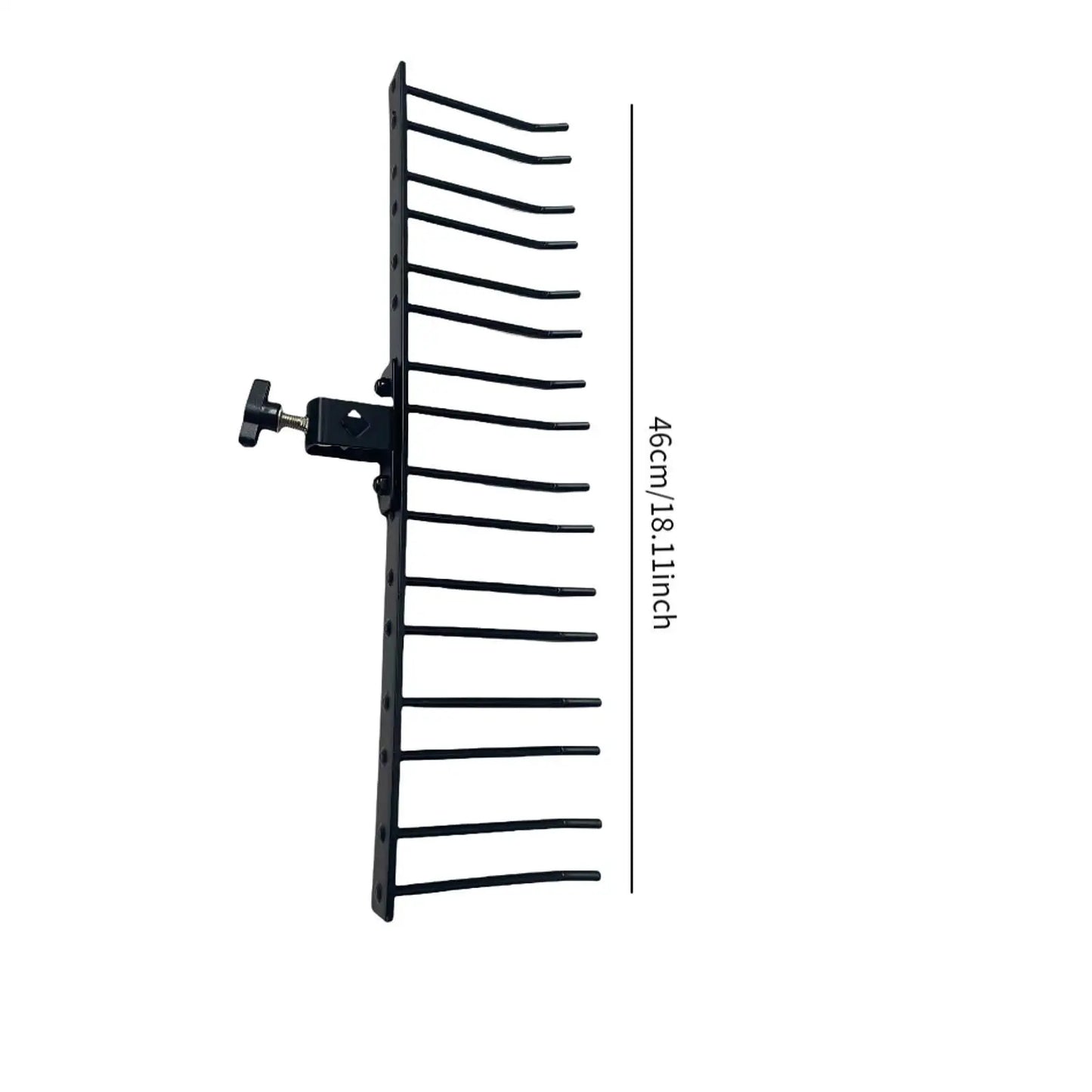 Black metal garden rake with ten tines and adjustable clamp in a professional drumstick rack for stable mallets collection