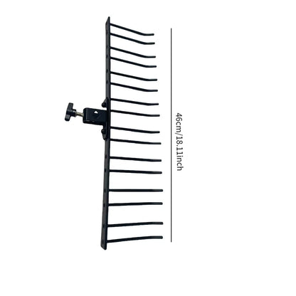 Black metal garden rake with ten tines and adjustable clamp in a professional drumstick rack for stable mallets collection