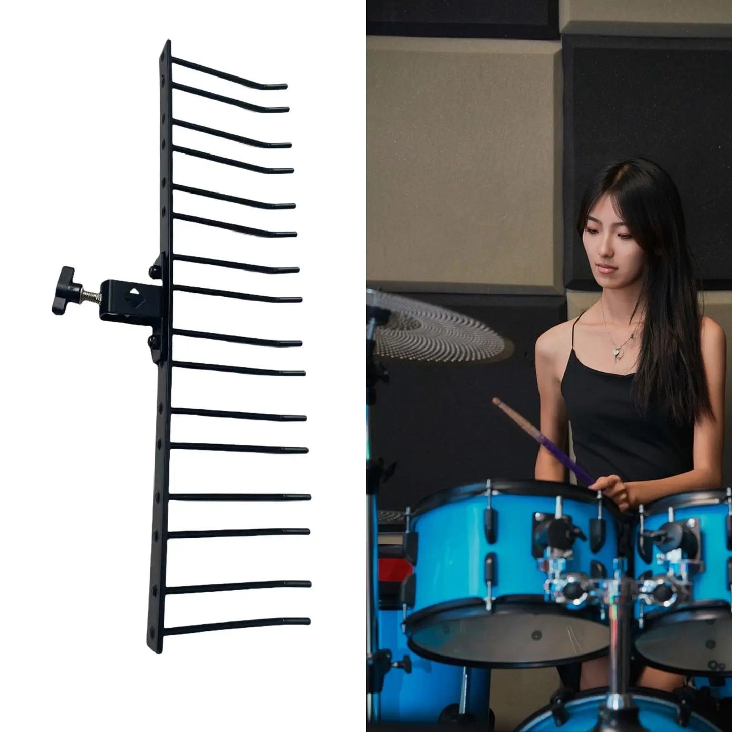 Black metal drumsticks display stand with adjustable arms and mounting clamp for beginner professionals drum mallets wall mount