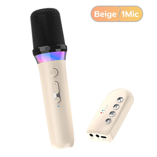 Beige ds-k2 wireless karaoke microphone with black mesh grille and rainbow led ring with matching control unit