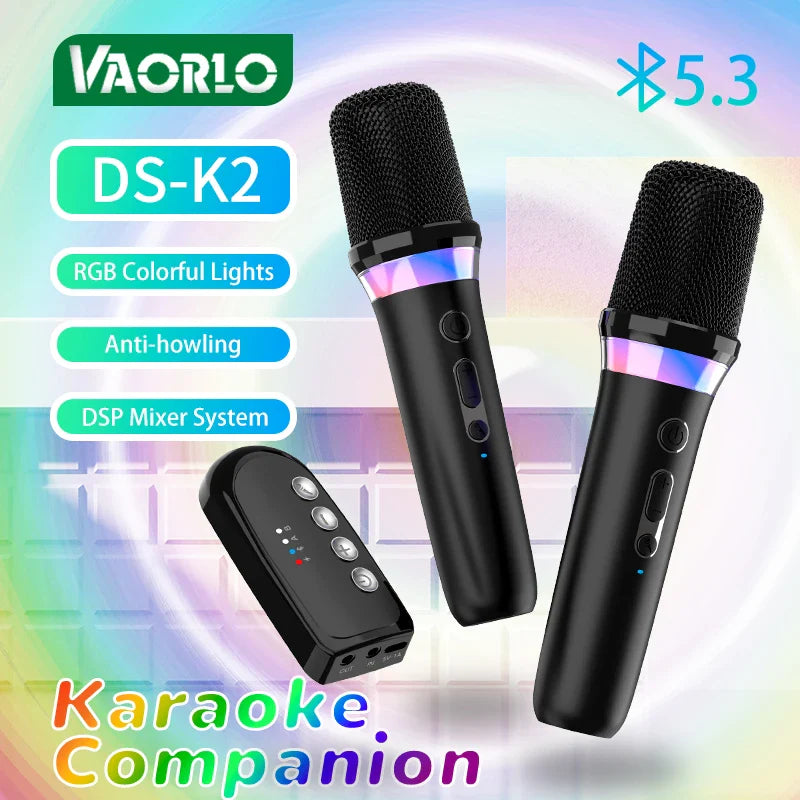 Black ds-k2 wireless karaoke microphones with rgb colorful lights and remote for bluetooth stereo dsp mixer system