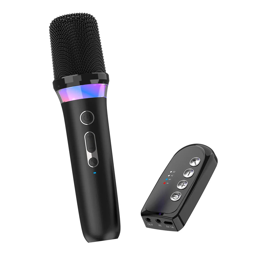 Black wireless karaoke companion bluetooth microphone with mesh grille rgb light ktv dsp and matching receiver for wired speaker car