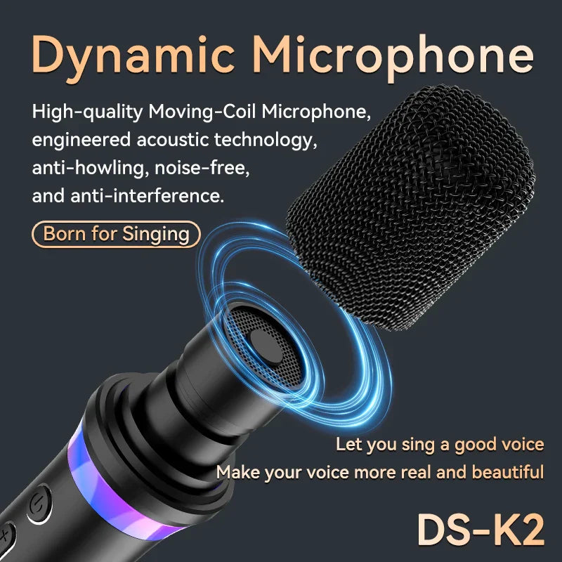 Black ds-k2 dynamic microphone with mesh grille and glowing blue led ring for karaoke companion bluetooth and wired speaker car use
