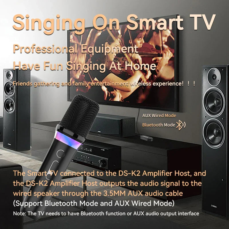Black ds-k2 karaoke companion bluetooth 5.3 wireless moving-coil microphone with glowing rgb light ktv dsp ring for wired speaker car