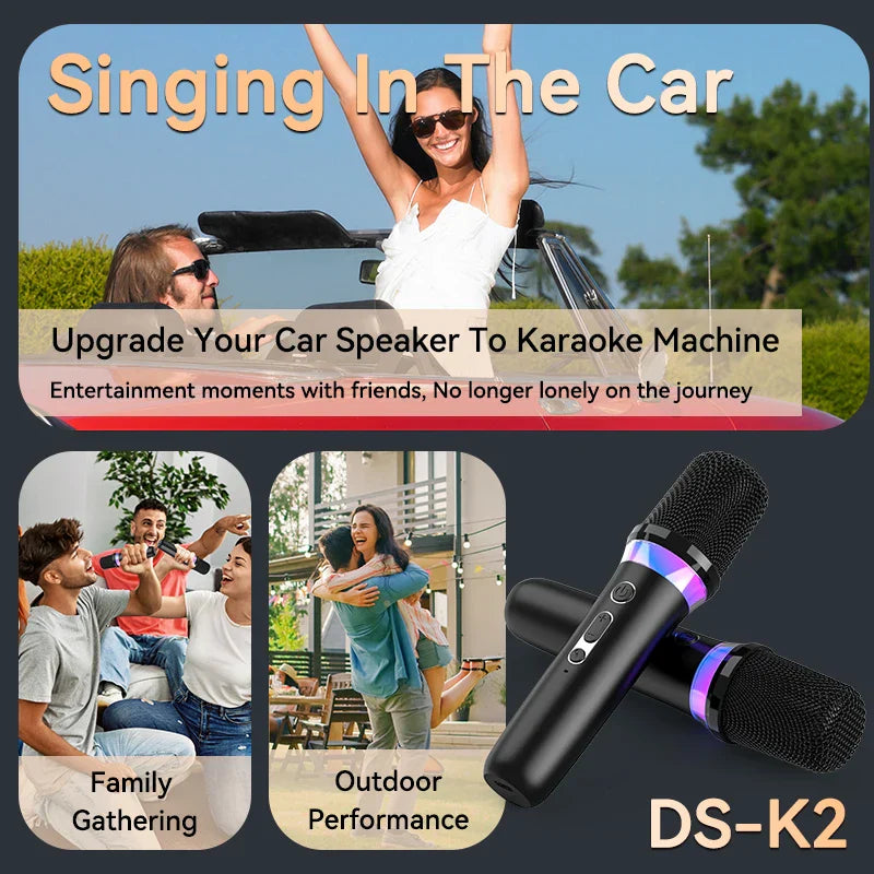 Black wireless DS-K2 karaoke companion bluetooth microphone with purple LED light KTV DSP and mesh grille for wired speaker car