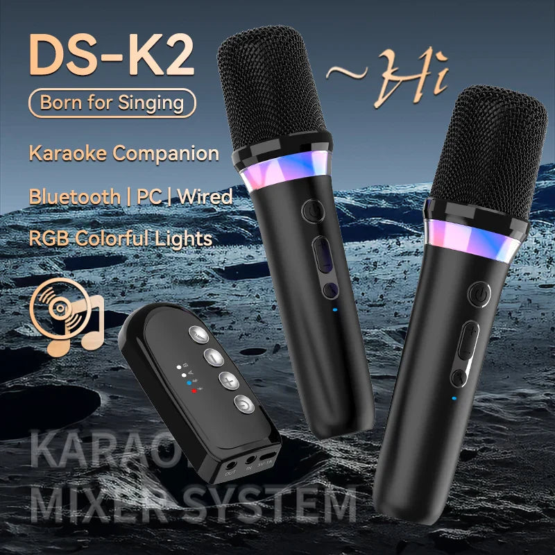 Black ds-k2 wireless moving-coil microphones with rgb light ktv dsp and matching receiver for wired speaker car use