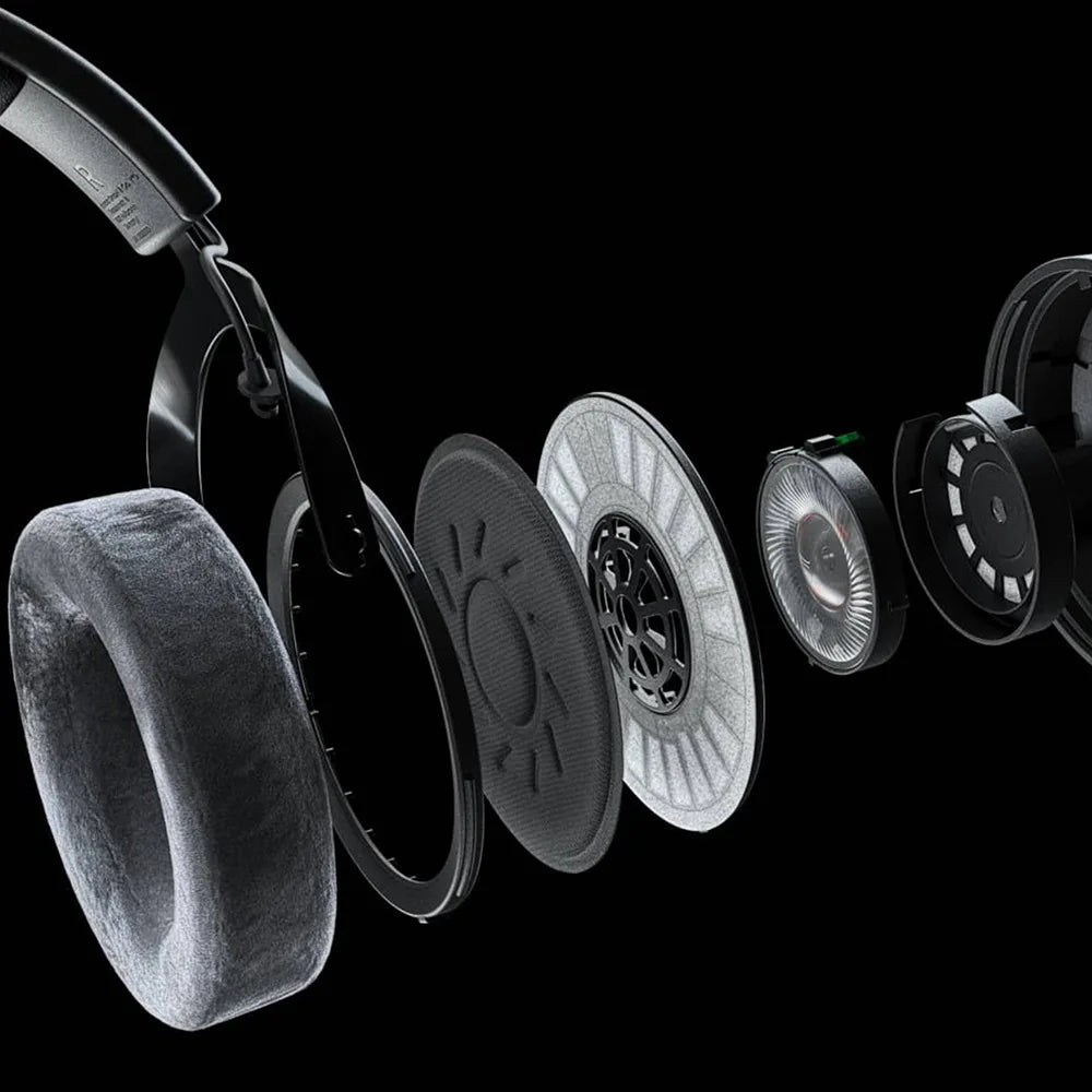 Black pro x wired professional recording headset with plush gray cushions and visible drivers for esports computer game use