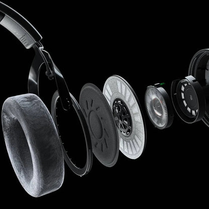 Black pro x wired professional recording headset with plush gray cushions and visible drivers for esports computer game use