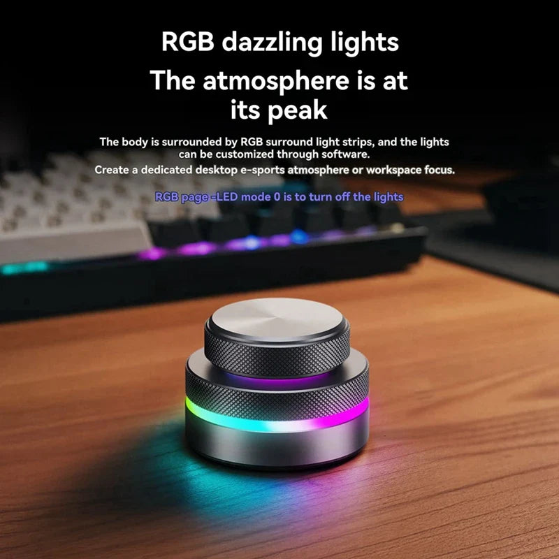 A sleek aluminum alloy dual knob keyboard with rgb lights and brushed metallic knurled rings for volume control