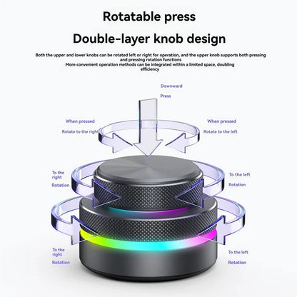 A dual knob keyboard with aluminum alloy rotary press, textured black knob, and vibrant rgb lighting around its base