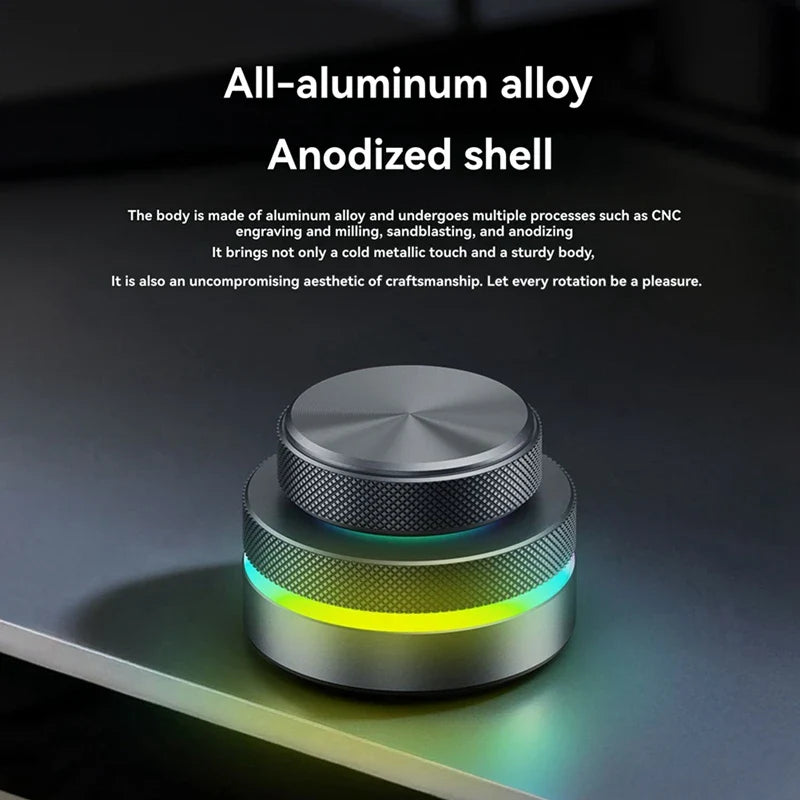 A sleek dual knob keyboard with aluminum alloy body and glowing rainbow led ring for customizable volume control