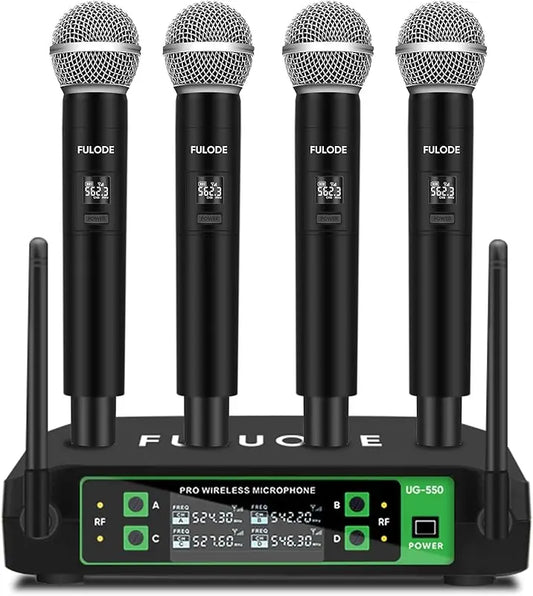 Set of four black professional uhf cordless karaoke microphones handheld with silver mesh grilles on dual uhf wireless receiver