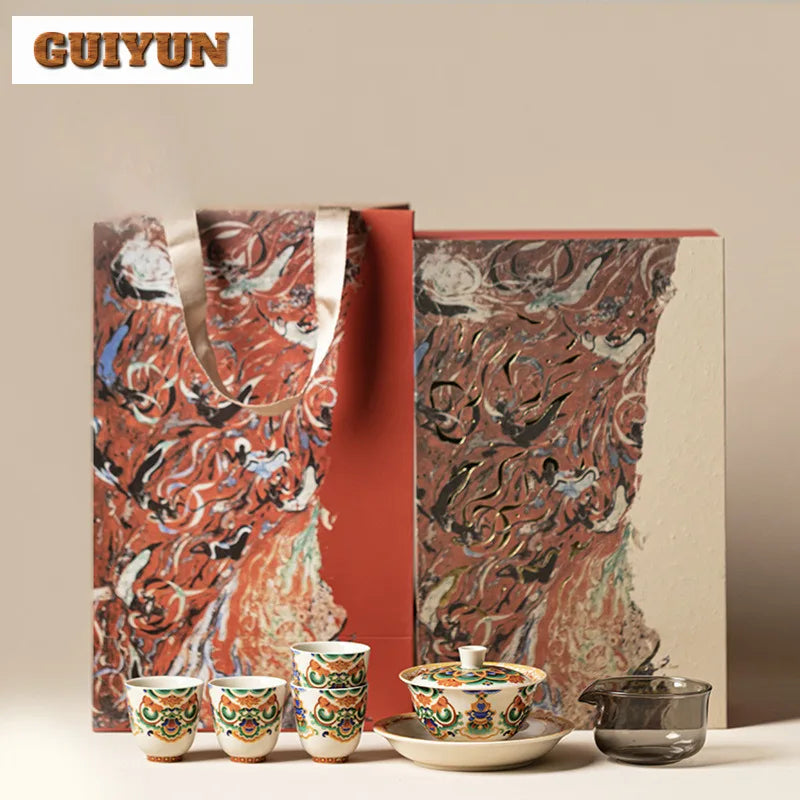 Guilyun ceramic tea set with intricate green red gold floral patterns on white porcelain dunhuang music dance creative products tea complete set zen