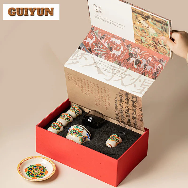 Guilyun dunhuang music dance creative products tea set complete set zen white porcelain tea cups with green orange gold motifs