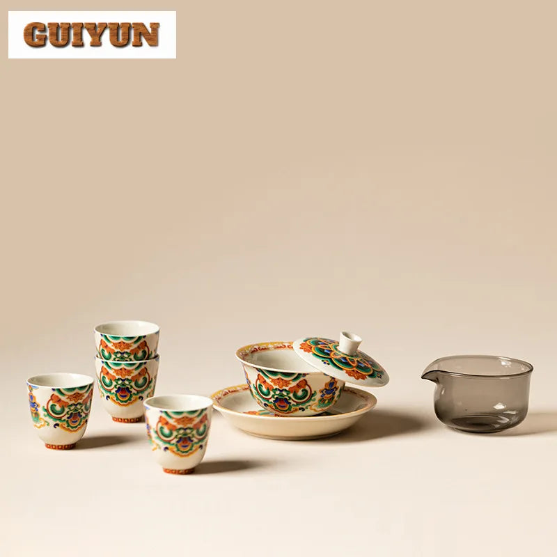 Guyun ceramic Dunhuang music dance creative products tea set with colorful floral patterns and a translucent glass pitcher complete set zen