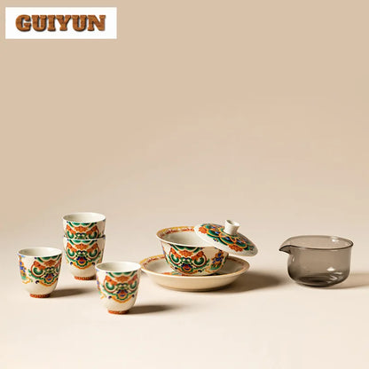 Guyun ceramic Dunhuang music dance creative products tea set with colorful floral patterns and a translucent glass pitcher complete set zen