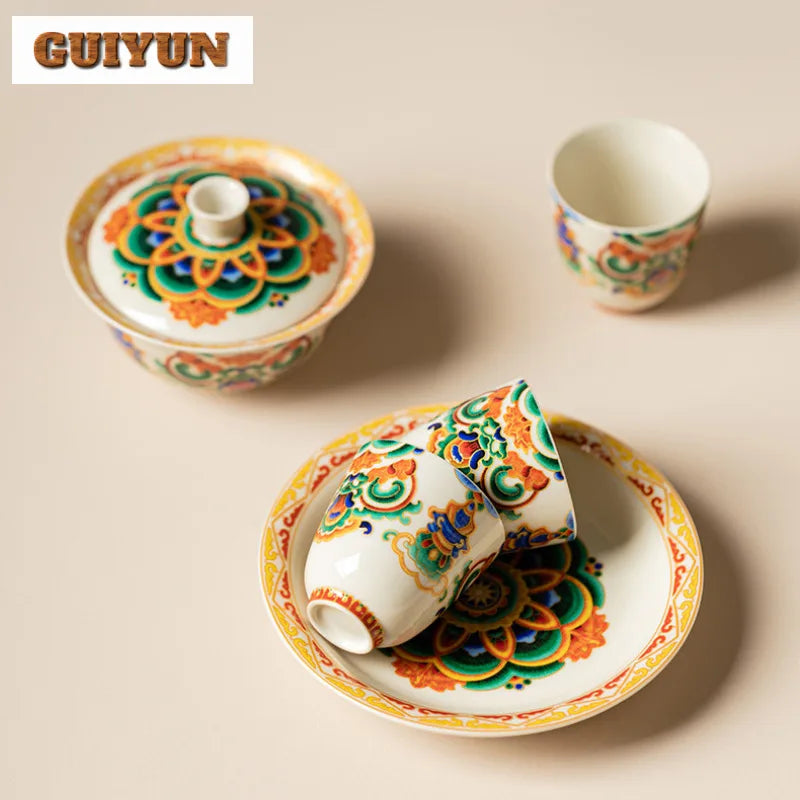 Hand-painted ceramic dunhuang music dance creative products tea set with vibrant floral patterns complete set zen use
