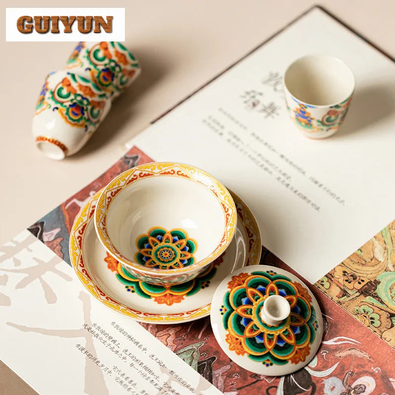 Hand-painted ceramic dunhuang music dance creative products tea set complete set zen with vibrant floral patterns