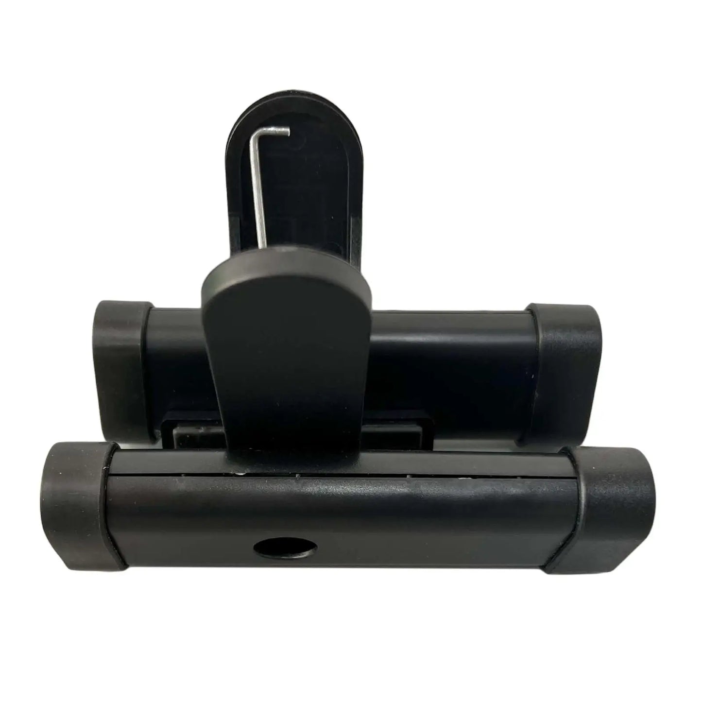 Black plastic drumstick clamp with metal spring mechanism for durable drumstick holder and cymbal stand use