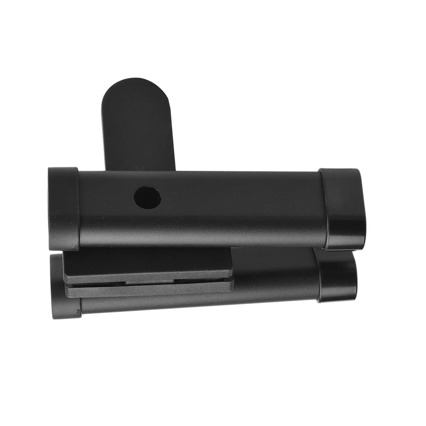 Black plastic door hinge with sleek modern design and rounded edges for durable drumstick holder clamp on cymbal stand