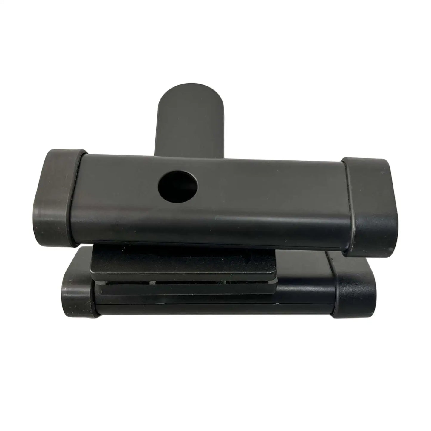 Black plastic hinge with circular hole and rectangular design for durable drumstick holder and drumstick clamp use