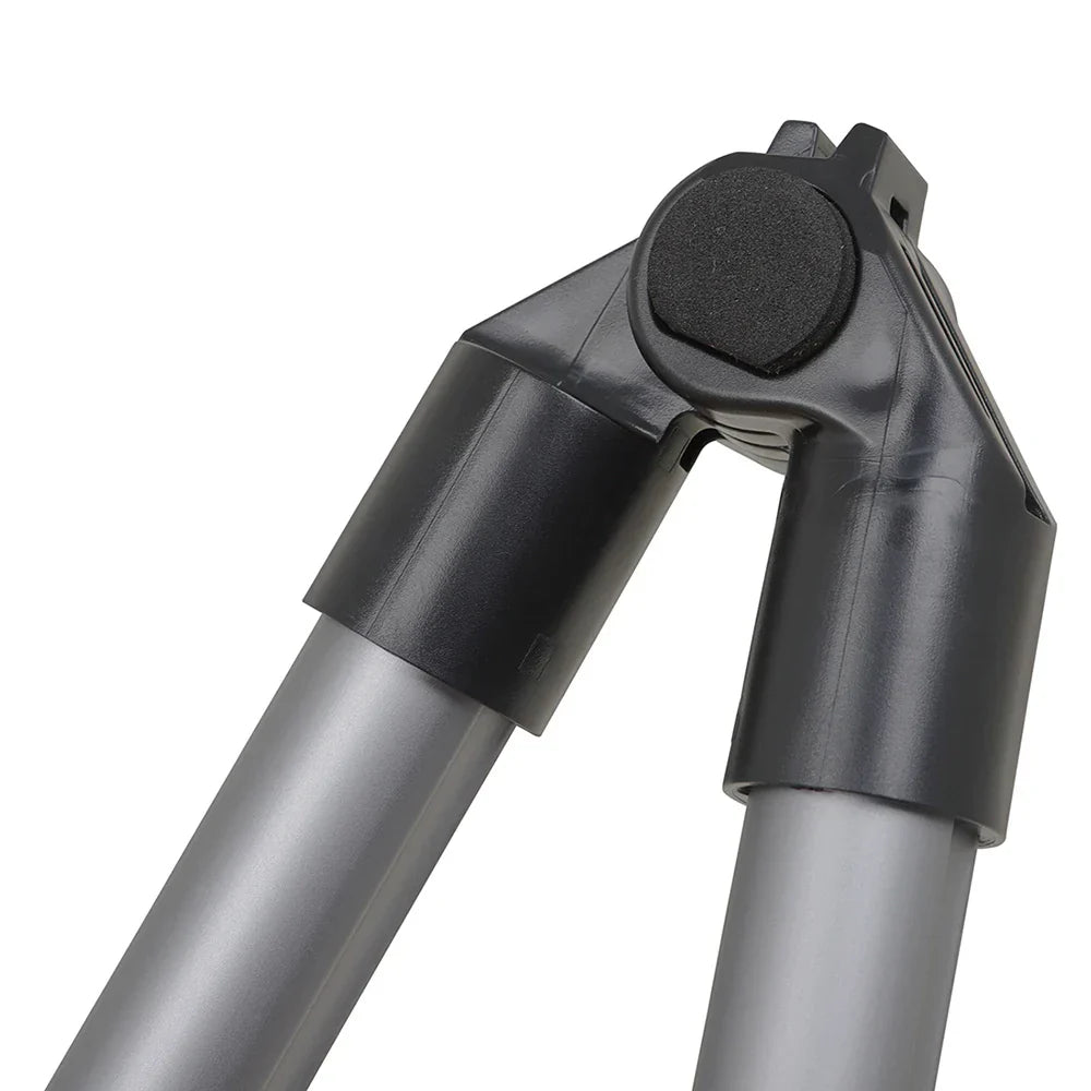 Black plastic tripod joint with silver metal legs in a durable guitar floor bracket display rack for stringed music instruments