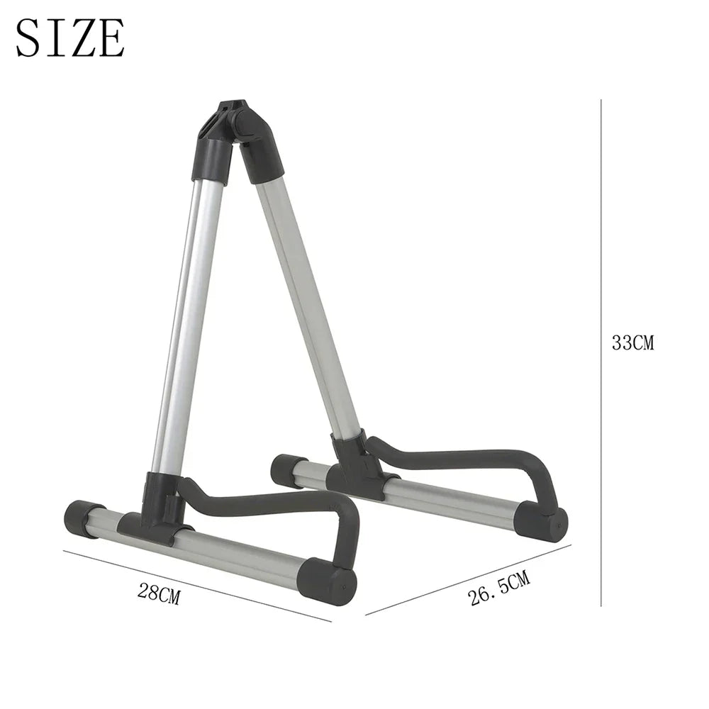 Silver and black durable guitar floor stand with adjustable triangular metal frame bracket display rack for stringed music instruments