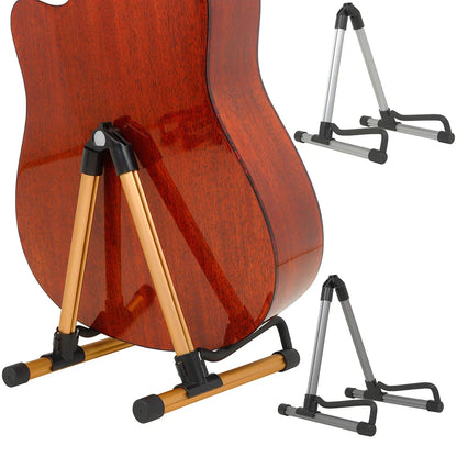 Durable guitar floor stand with wooden finish and black rubberized feet as a bracket display rack for stringed music instruments