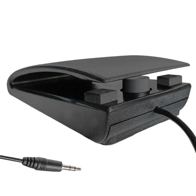 Black plastic durable sustain pedal with three control buttons and audio cable for midi keyboards and drum machines accessory