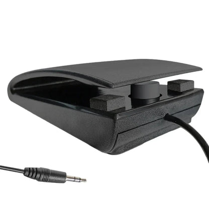 Black plastic durable sustain pedal with three control buttons and audio cable for midi keyboards and drum machines accessory