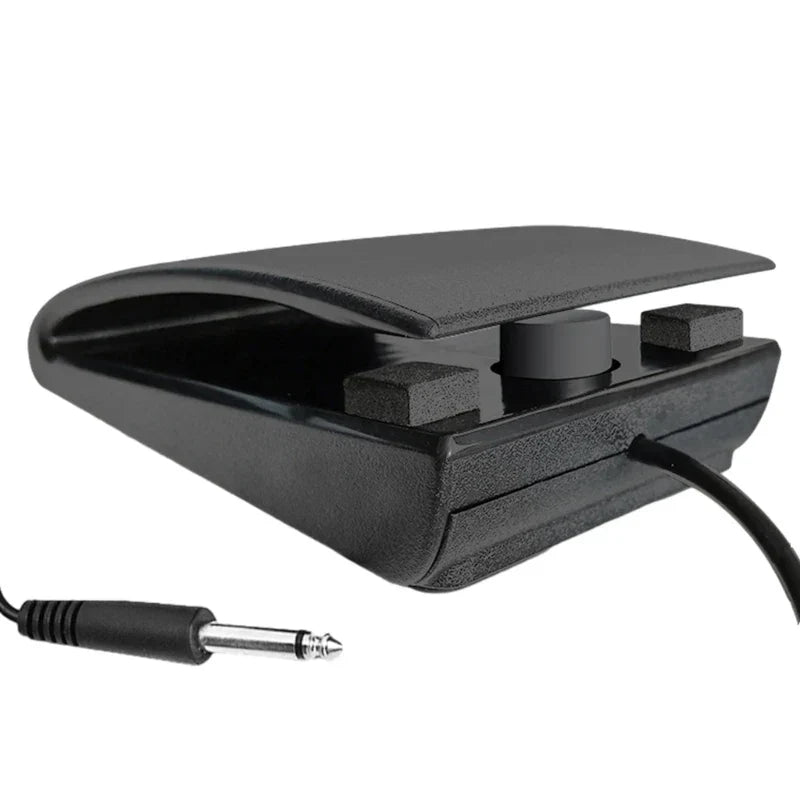 Black durable sustain pedal with curved top and dual square buttons plus round knob for midi keyboards and drum machines accessory