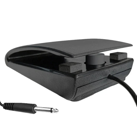 Black durable sustain pedal with curved top and dual square buttons plus round knob for midi keyboards and drum machines accessory
