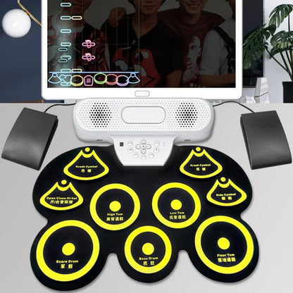 Black and yellow electronic drum pad set with labeled pads paired with durable sustain pedal for midi keyboards and drum machines accessory