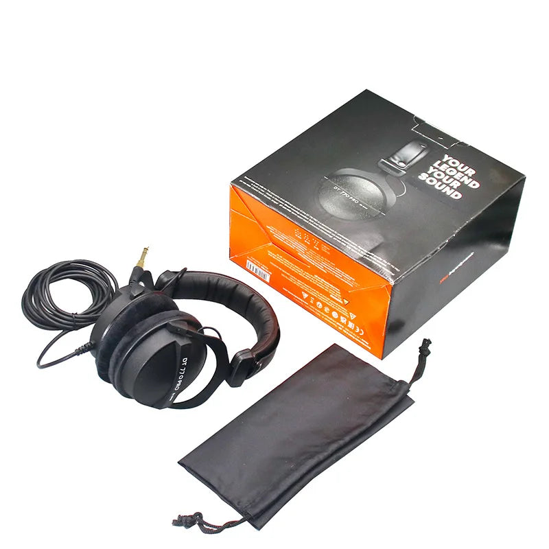 Black dynamic dt770 pro 80ohm over-ear headphones with padded earcups and coiled cable for studio recording mixing