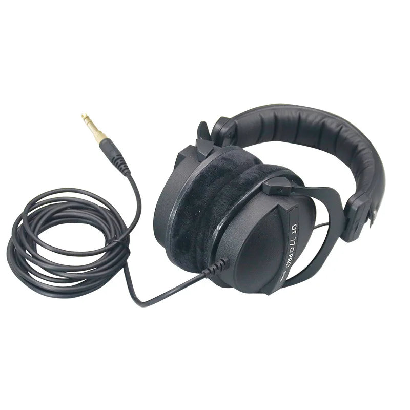 Black dynamic dt770 pro 80ohm closed headphones with plush earcups and coiled cable for studio recording mixing