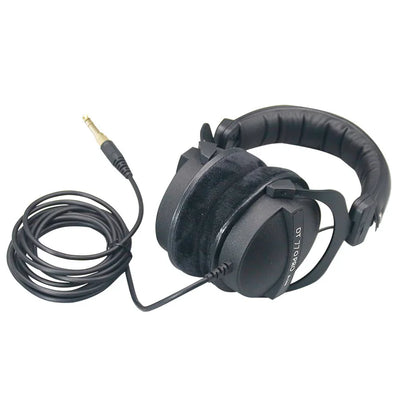 Black dynamic dt770 pro 80ohm studio headphones with plush earcups and coiled cable for studio recording mixing