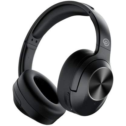 Black e11 hybrid anc noise cancelling earphones with over-ear wireless design and metallic accent for deep bass headset