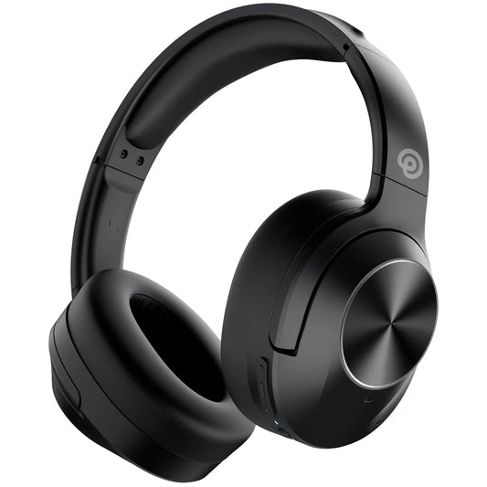 Black e11 hybrid anc noise cancelling earphones with over-ear wireless design and metallic accent for deep bass headset